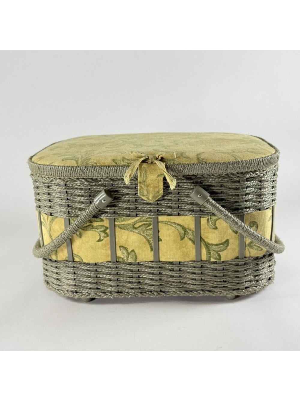 Vintage Wicker Sewing Basket W/Tray Handles & Lid Green/Yellow Floral Fabric